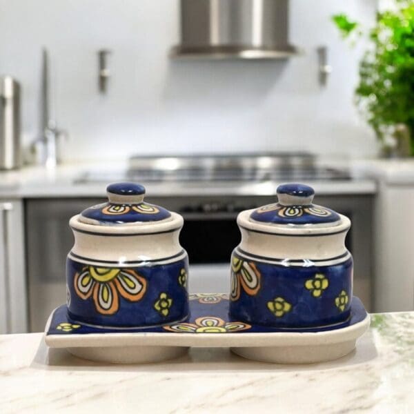 set of two hand-crafted ceramic pots with matching tray