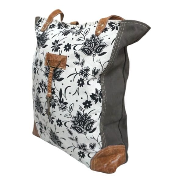 Cotton Canvas Sage Green and Floral Tote Bag - Image 4
