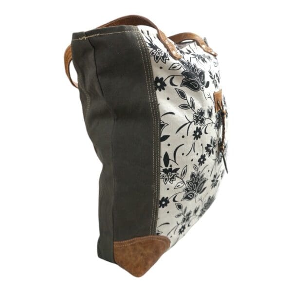 Cotton Canvas Sage Green and Floral Tote Bag - Image 5