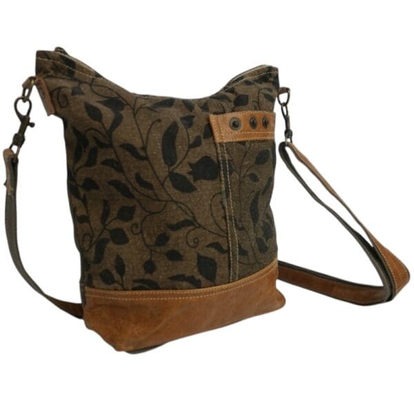 Cotton Canvas and Leather Floral Khaki Green Crossbody Bag - Image 4