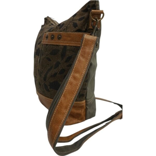 Cotton Canvas and Leather Floral Khaki Green Crossbody Bag - Image 6