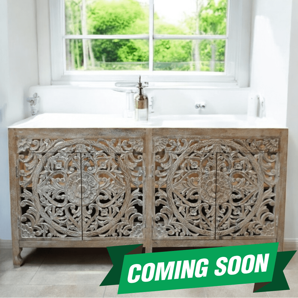 Hand-crafted solid wood with intricately carved doors - back in stock soon!