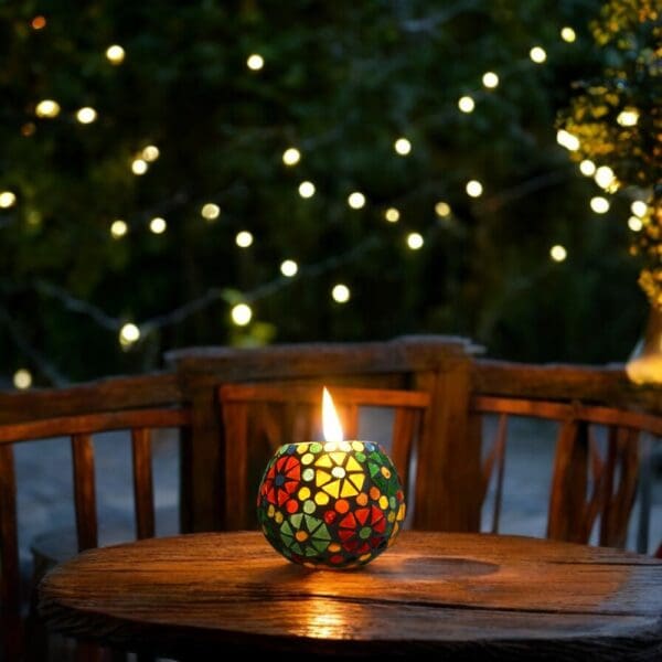 2.5" round glass mosaic candle holder staged lit at night in a garden