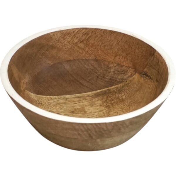 Natural wood bowl with white enamel rim