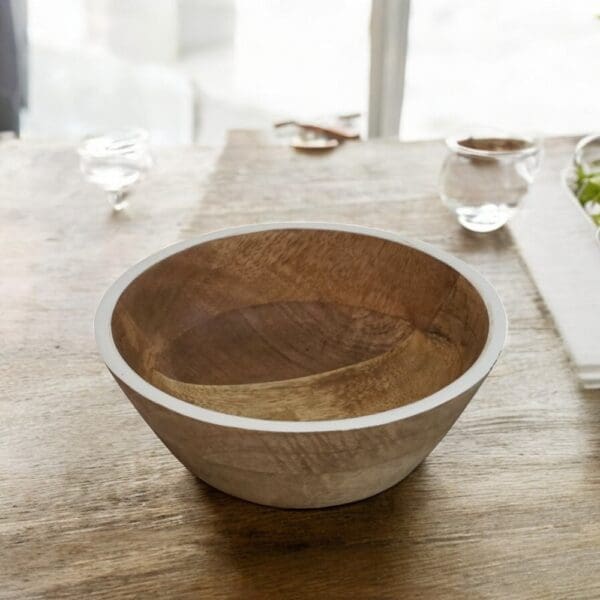 Natural Wood Bowl with White Enamel Rim - Image 2