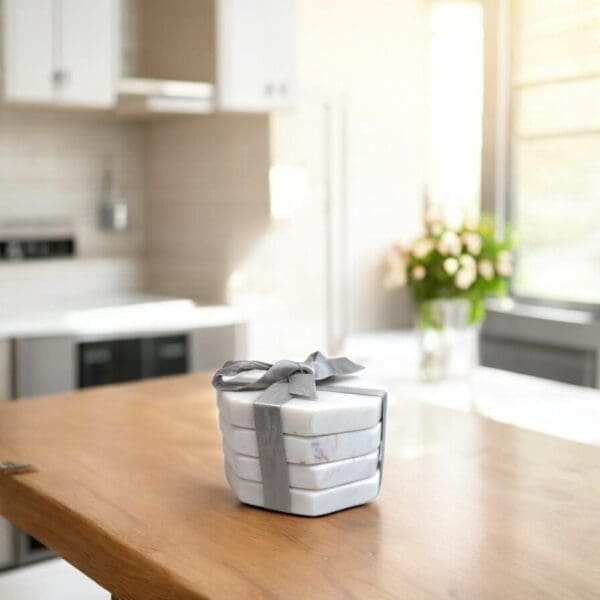 Set of 4 octagonal marble drink coasters wrapped in a silver ribbon staged on a kitchen counter