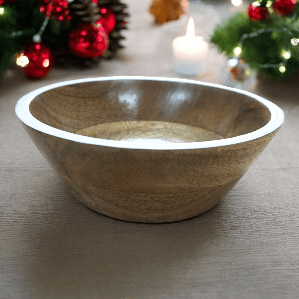 Small Natural Wood Bowl with white enameled rim staged on a Christmas table