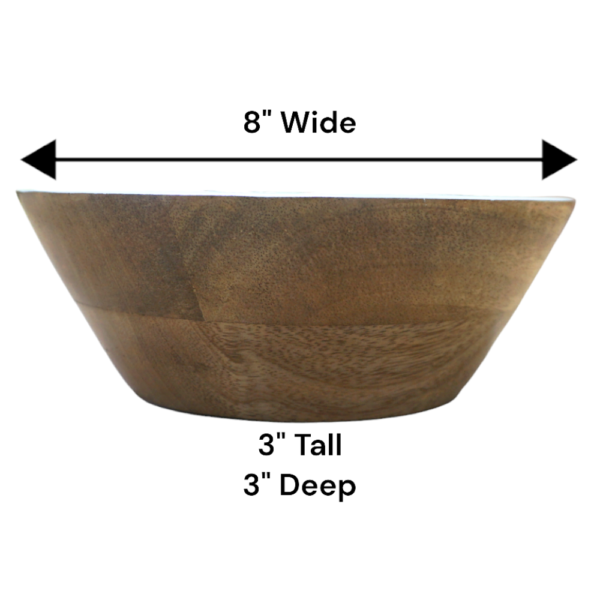 Natural Wood Bowl showing the dimensions on a white background