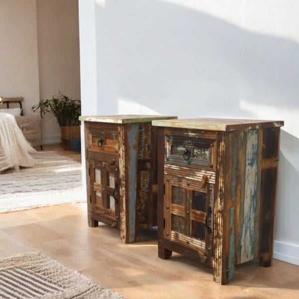 Pair of reclaimed wood bedside tables.