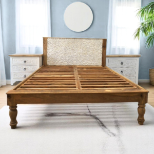 Hand-crafted solid wood natural and whitewashed king bedframe. Hand-carved floral mandala headboard in a rustic whitewashed inset.