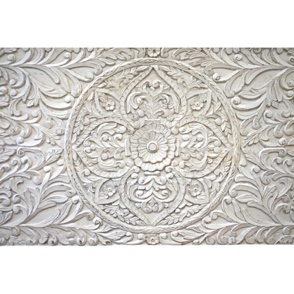 Hand-Carved Queen Bedframe Natural Whitewashed Floral - Image 9