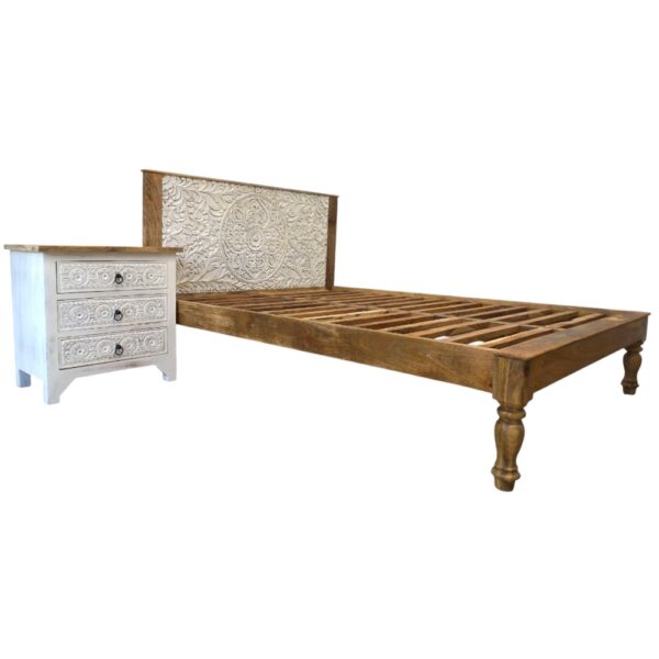 Hand-Carved King Bedframe Natural Whitewash Floral - Image 5