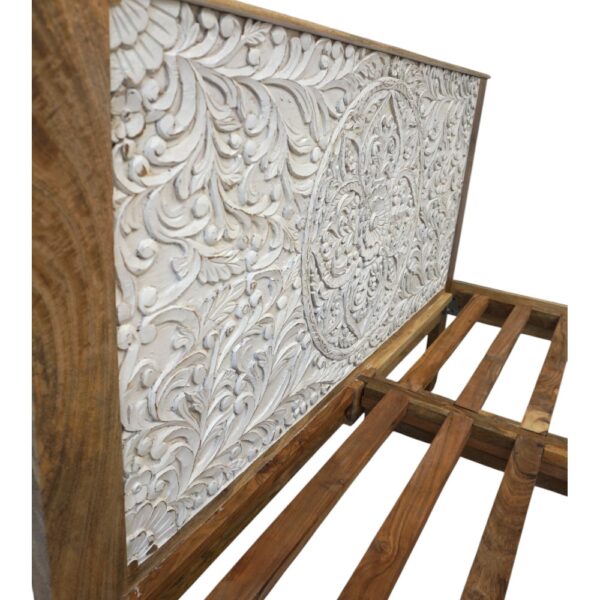 Hand-Carved Queen Bedframe Natural Whitewashed Floral - Image 6