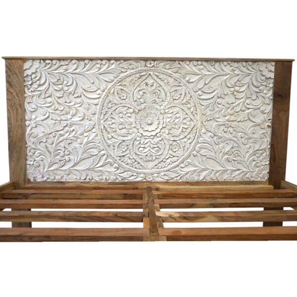 Hand-Carved King Bedframe Natural Whitewash Floral - Image 6