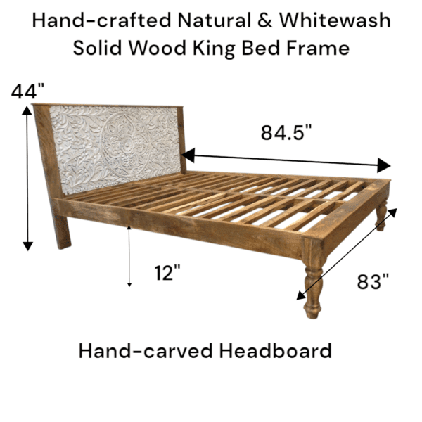 Hand-Carved King Bedframe Natural Whitewash Floral - Image 12