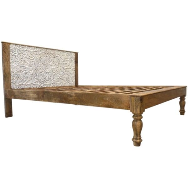 Hand-Carved Queen Bedframe Natural Whitewashed Floral - Image 4