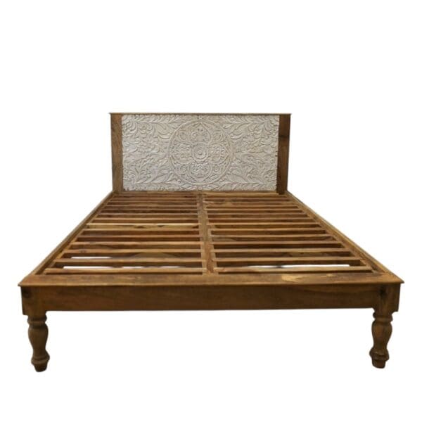 Hand-Carved Queen Bedframe Natural Whitewashed Floral - Image 3