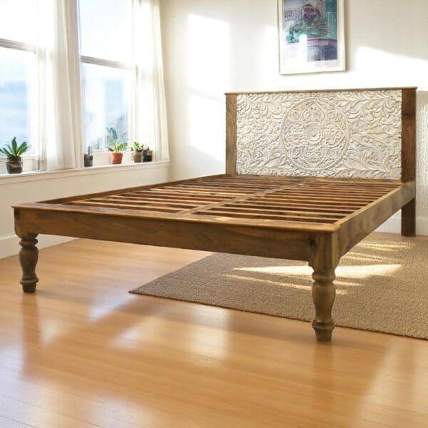 Hand-Carved Queen Bedframe Natural Whitewashed Floral - Image 2