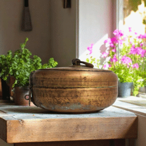 Vintage brass Kordan, chapati warmer staged in a rustic kitchen.