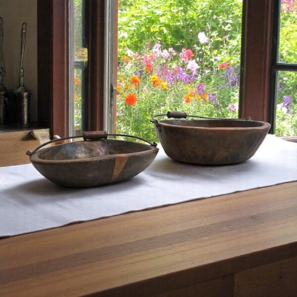 Vintage Wooden Bowls with a Handle Set of 2