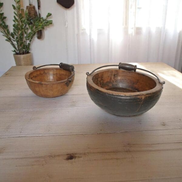Vintage Wooden Bowls with a Handle Set of 2 - Image 6