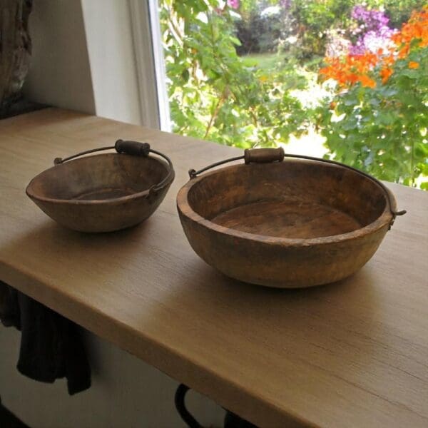 Vintage Wooden Bowls with a Handle Set of 2 - Image 6