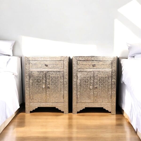 Pair of White Metal Side Table Hand-Embossed