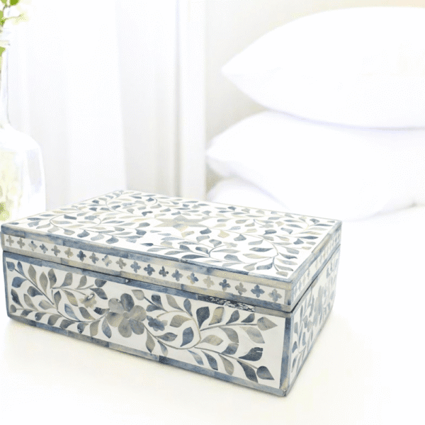 hand-crafted blue and white inlay keepsake box. large size. Staged on a nightstand