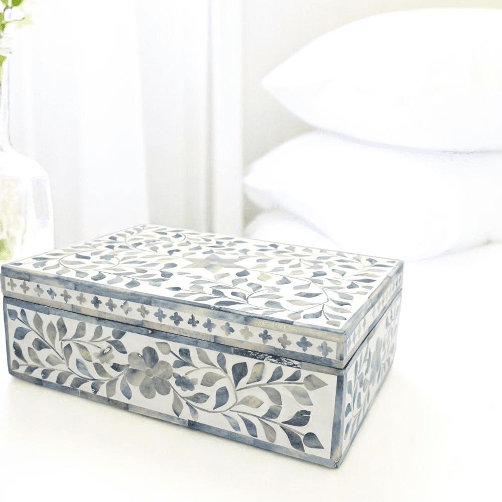 hand-crafted blue and white inlay keepsake box. large size. Staged on a nightstand