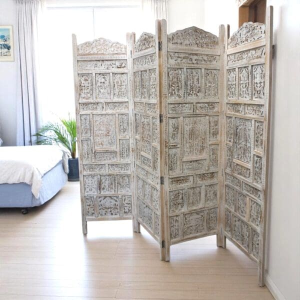 Hand-Crafted Whitewashed Wood Screen Room Divider - Image 2