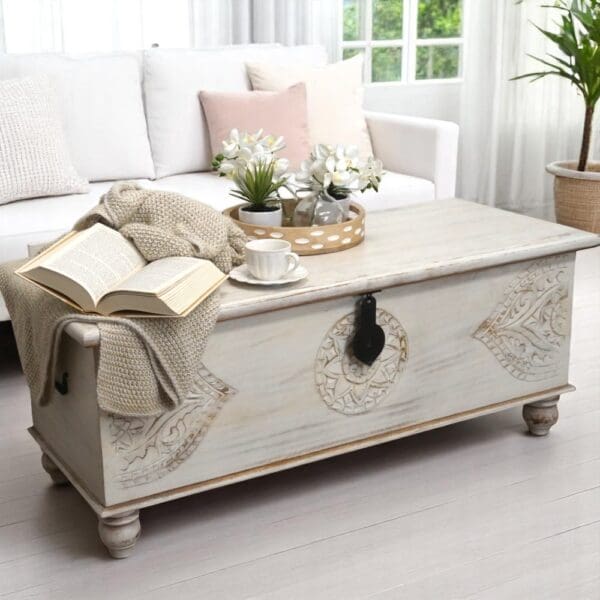 Hand-crafted, white-washed large bench trunk staged in a sunny living room