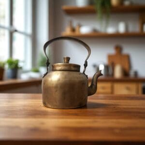 vintage copper kettle staged in a kitchen
