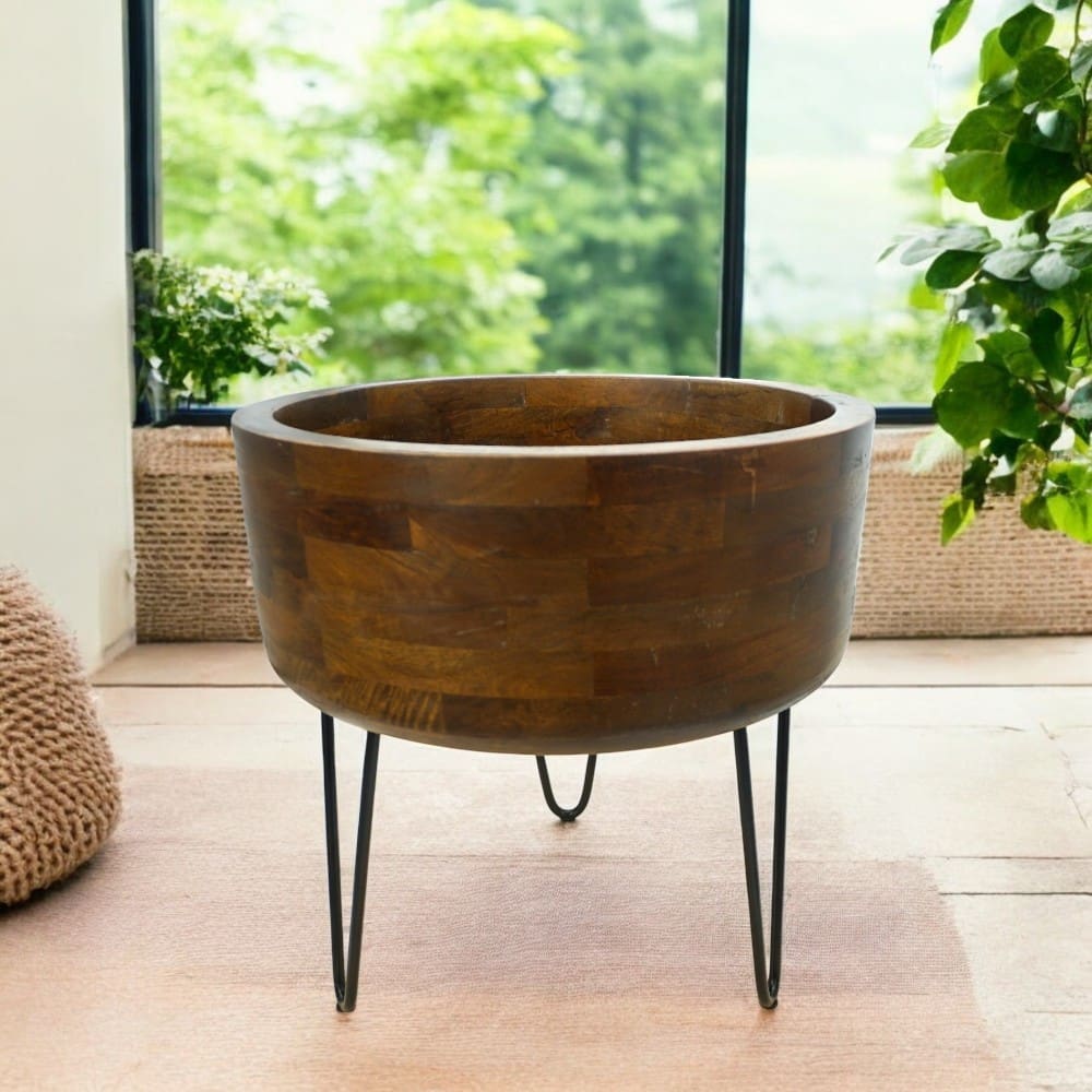 solid wood planter with iron stand - new larger size bowl staged in a sunny home