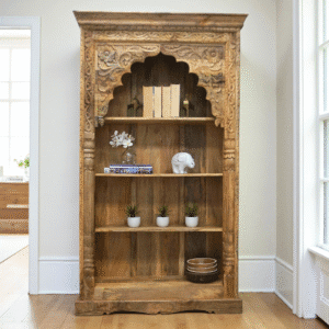 Hand-crafted natural wood bookcase - with hand-carved detail - solid wood fully assembled