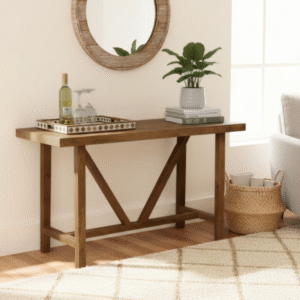 Hand-crafted farmhouse style wide console table staged in a sunny living room.