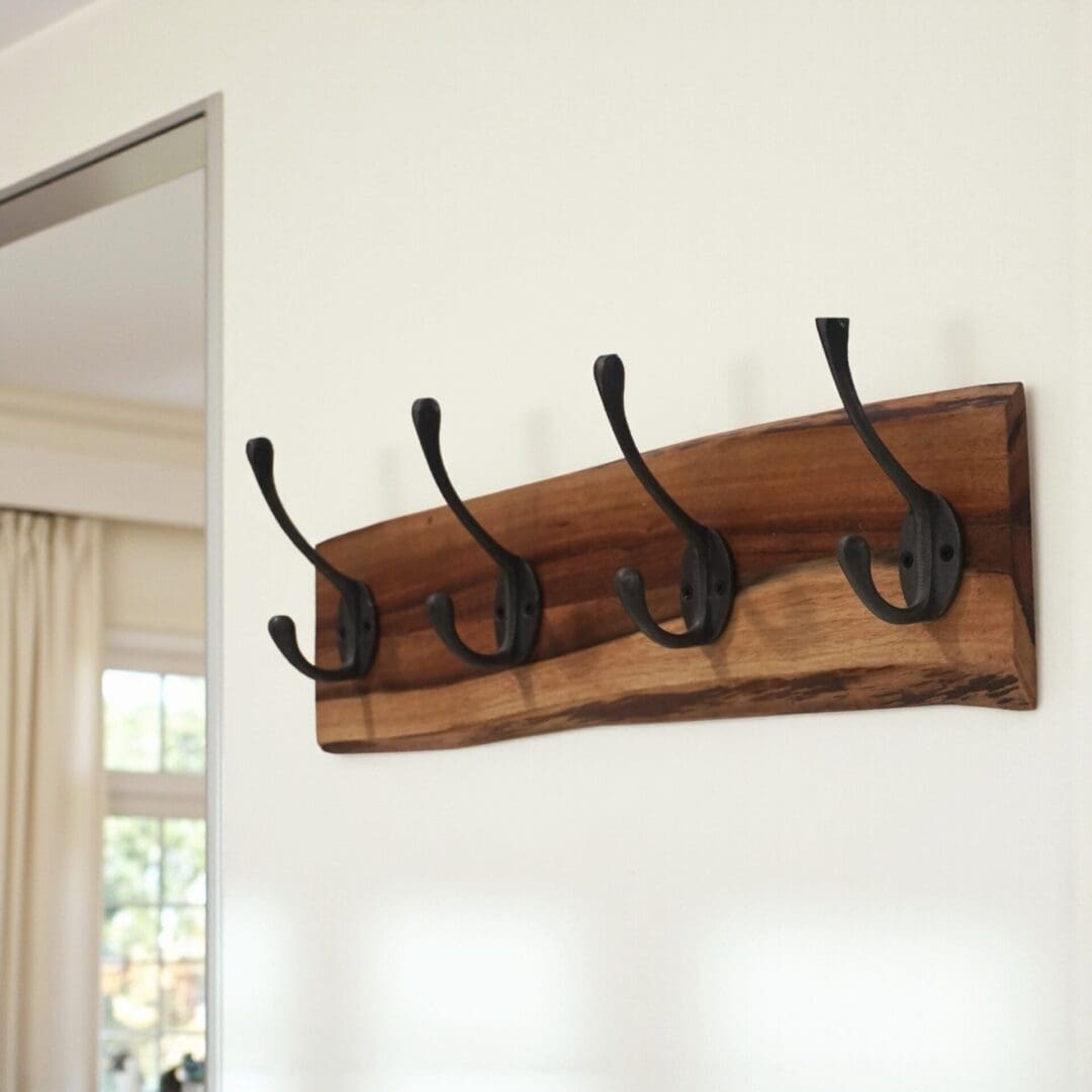 hand-crafted live edge acacia wood coat rack with 4 hooks