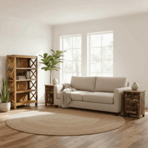 Handcrafted reclaimed wood display bookcase and 2 reclaimed wood side tables. A rustic living room set. Staged with a white sofa in a sunny living room.