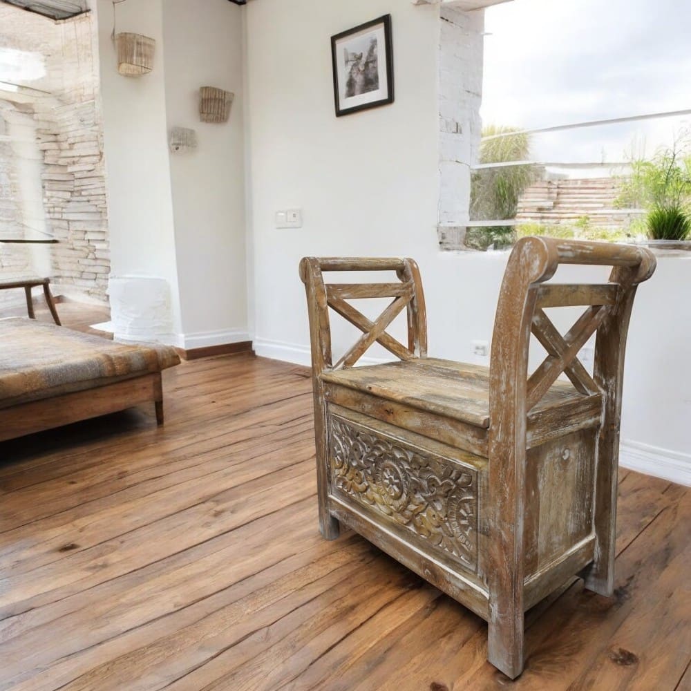 Hand-crafted solid wood bench trunk with sweeping arms.