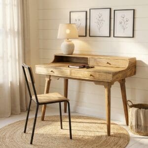 Hand-crafted solid wood desk with three drawers, sweeping curves and tapered legs. Three drawers and an opening for cables, this is as practical as it is a timeless beauty. staged in a modern farmhouse setting.