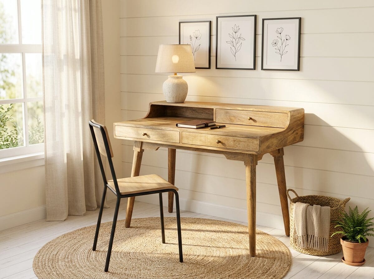 Hand-crafted solid wood desk with three drawers, sweeping curves and tapered legs. Three drawers and an opening for cables, this is as practical as it is a timeless beauty. staged in a modern farmhouse setting.