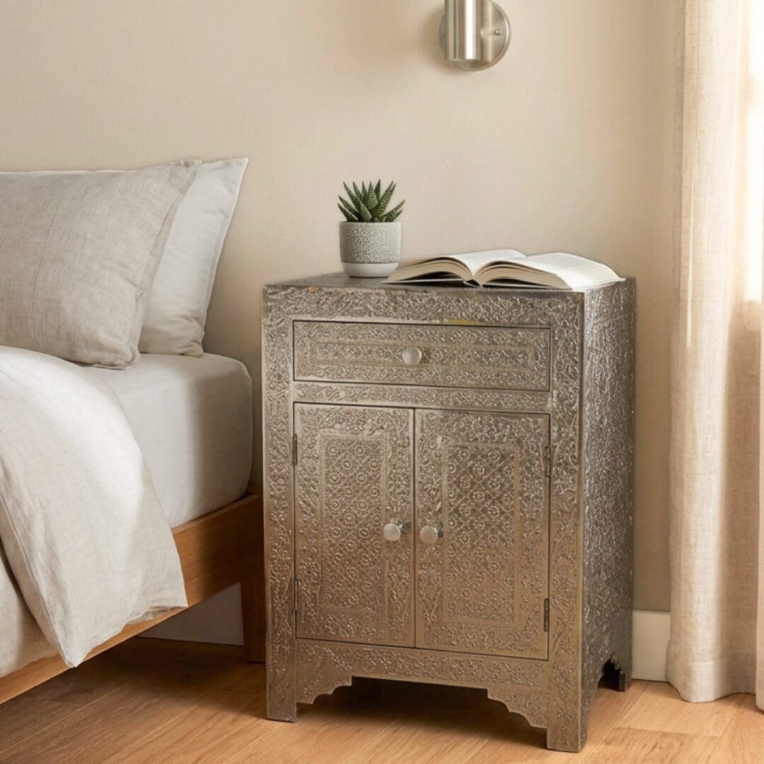 Hand-crafted metal embossed nightstand stage in a bedroom