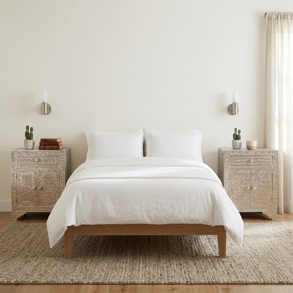 Pair of hand-crafted metal embossed nightstands stage in a sunny bedroom