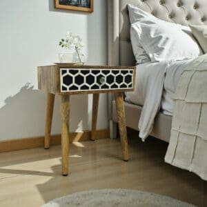 Hand-crafted solid wood modern style nightstand/side table with black and wite geometric pattern bone inlay drawer front.