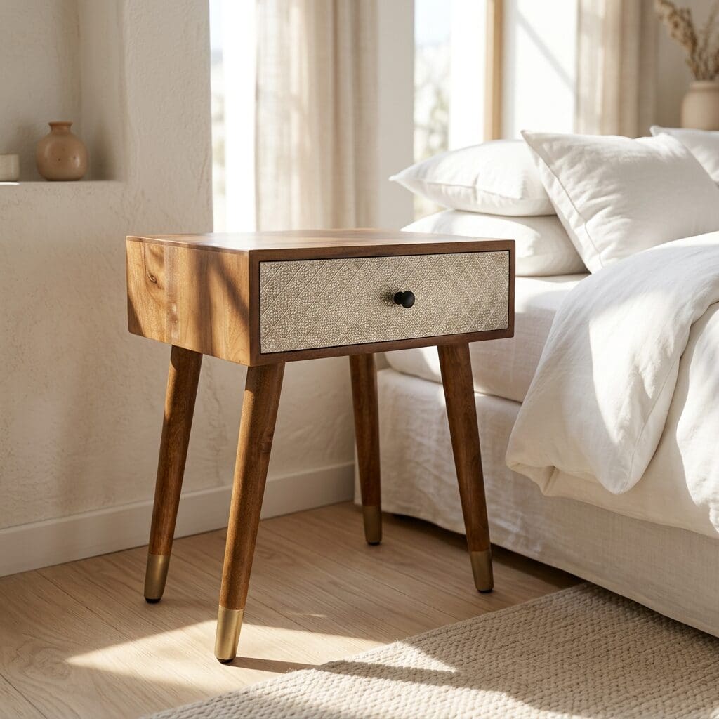 Hand-crafted solid wood nightstand or side table with hand-embossed metal drawer front and metal cuffs