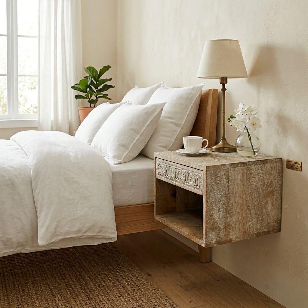 Hand-crafted sandblasted mango wood floating nightstand with drawer and cubby staged next to a bed with white linen