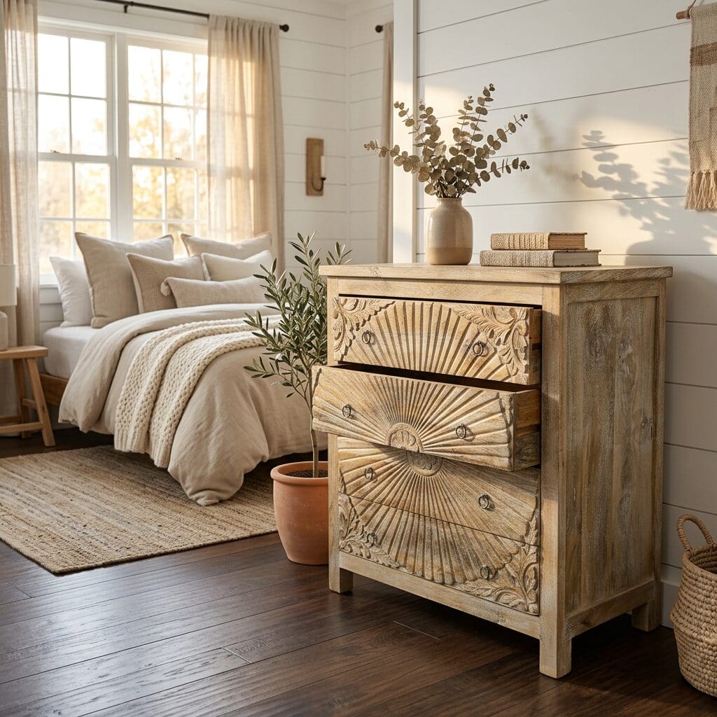 Hand-crafted sandblast 4 drawer dresser. Staged in a sunny bedroom