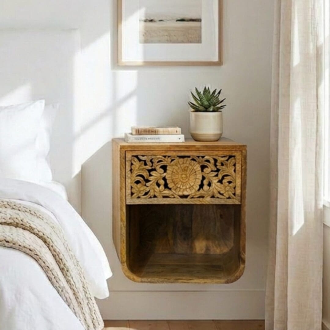 hand-crafted natural mango wood wall mounted floating nightstand with drawer