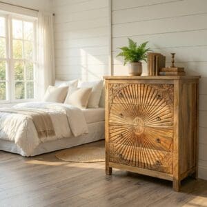 Hand-Carved Four Drawer Natural Wood Dresser