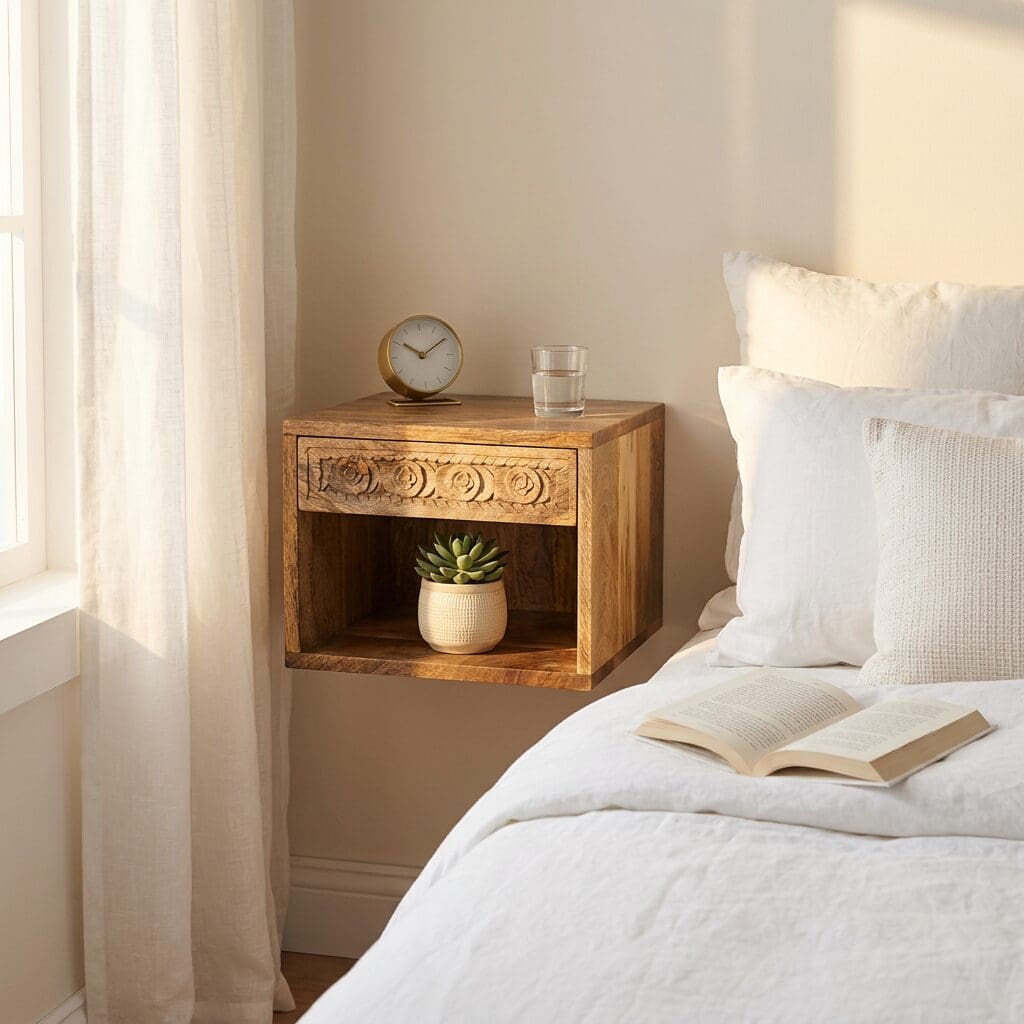 Hand-crafted natural wood floating small side table or nightstand with hand-carved drawer front staged in a sunny bedroom